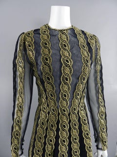 Pauline Trigere Vintage Sheer Mesh and Gold Lace Evening Dress