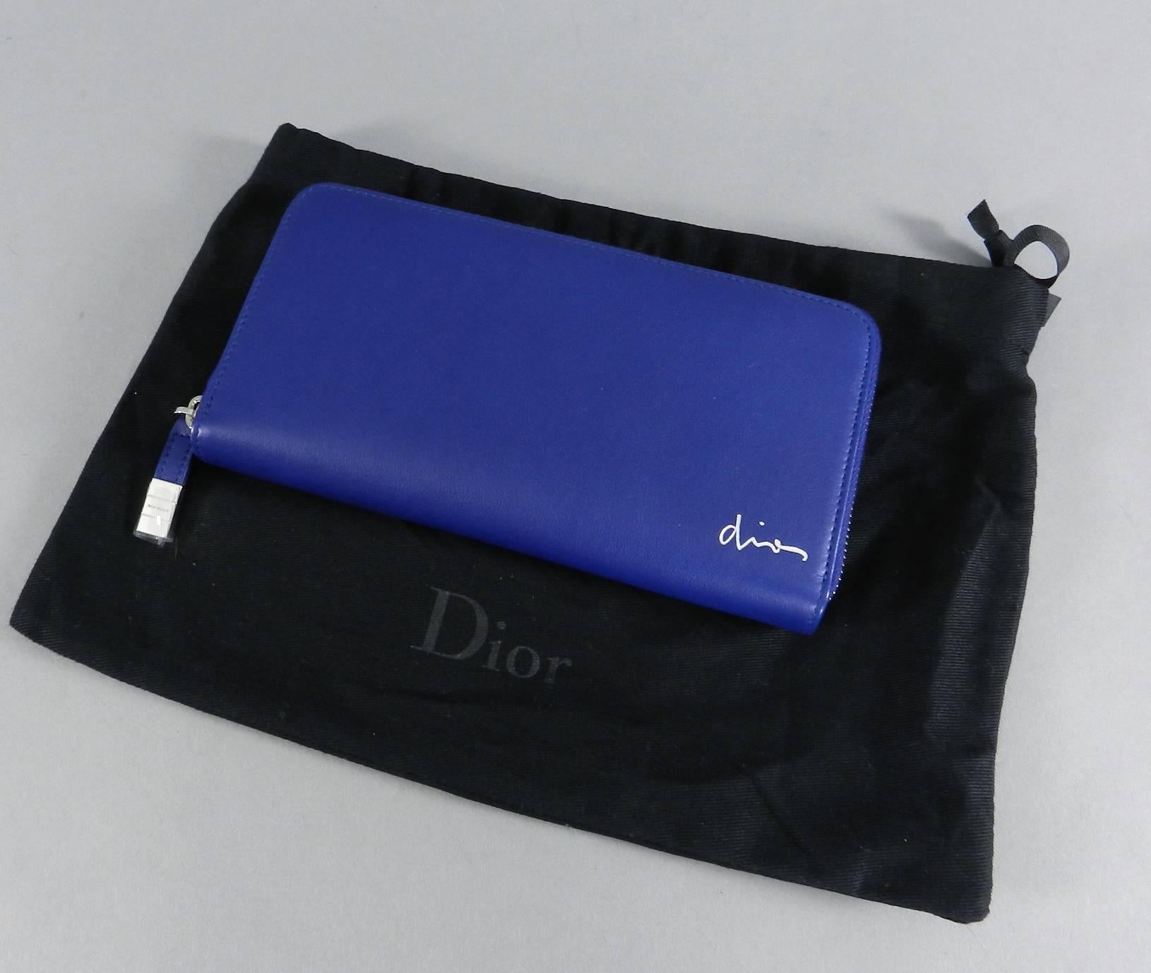 DIOR HOMME Mens Cobalt Blue Leather Zip Double Wallet.  Zippered interior compartment for coins, double compartments for bills and cards.  Made in Italy.  100% authentic. Includes duster, has original plastic on zipper pull, and original papers in