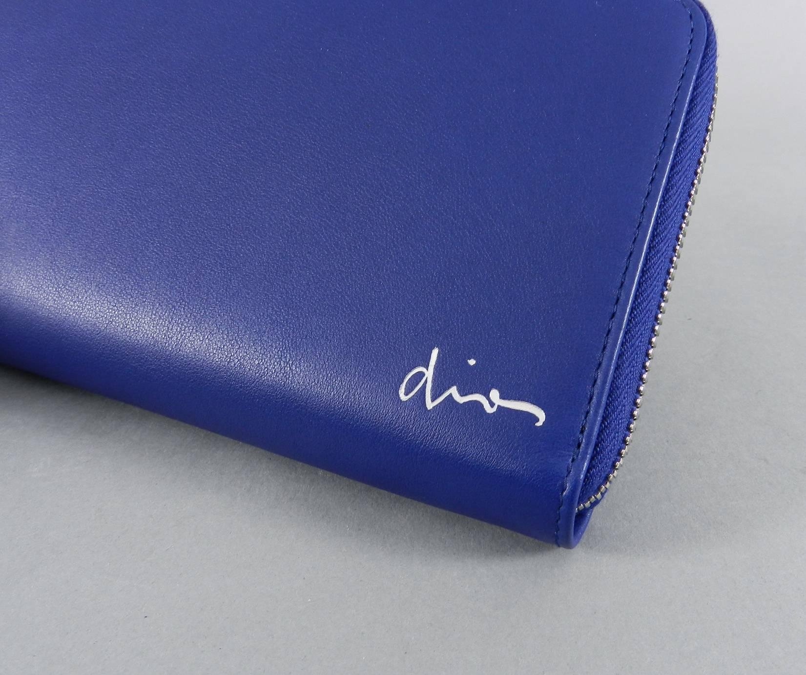 DIOR HOMME Mens Cobalt Blue Leather Zip Double Wallet In New Condition In Toronto, ON