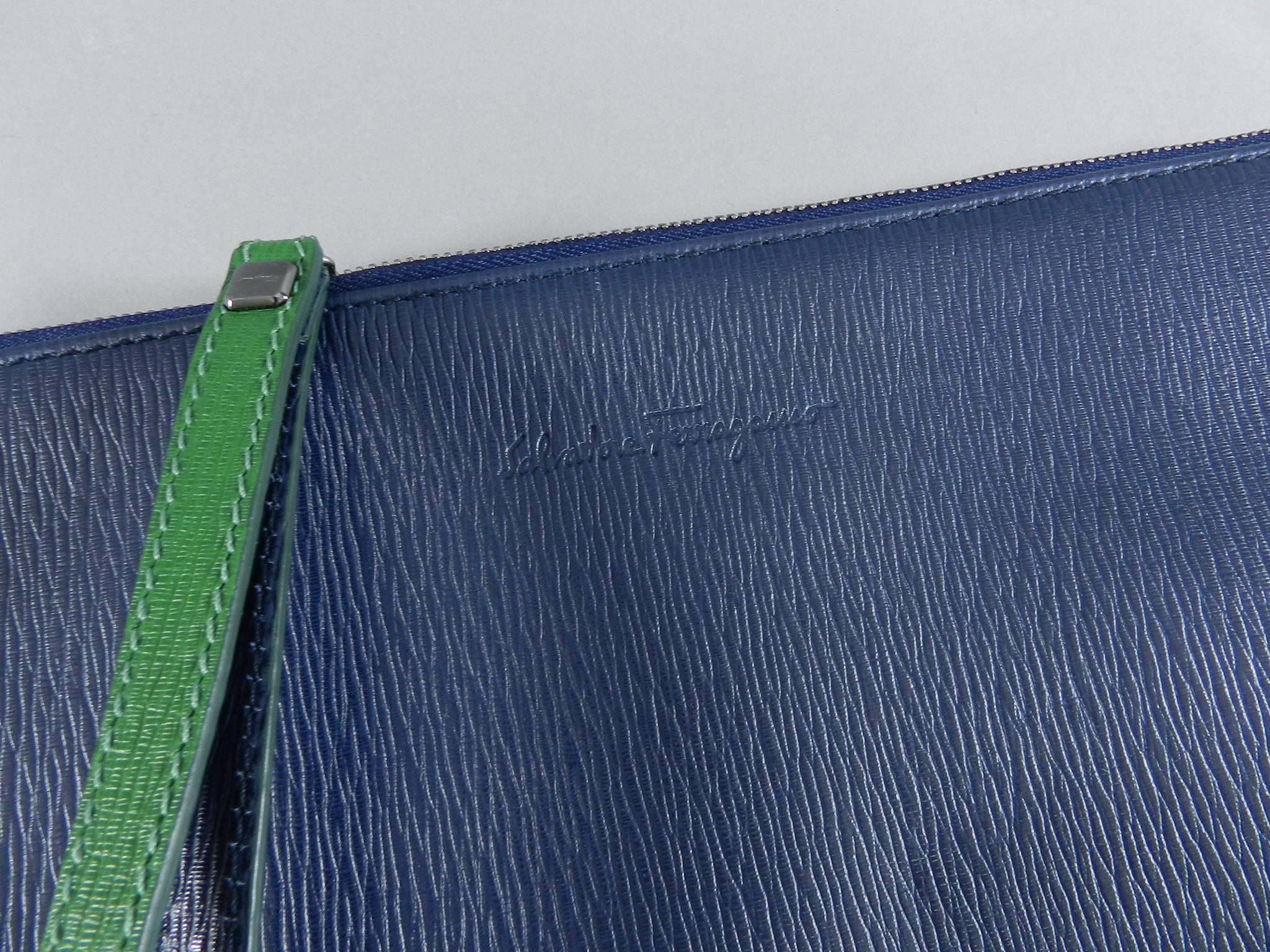 Purple Ferragamo Blue and Green Leather Zip Pouch / Bag