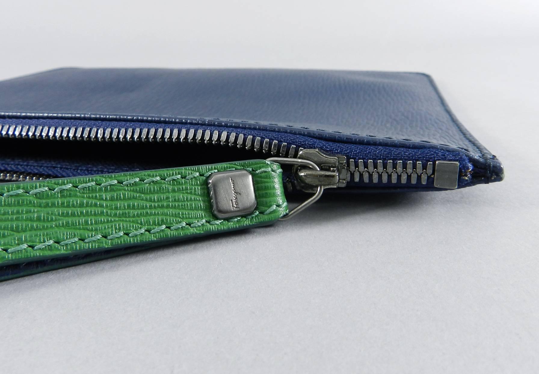 Ferragamo Blue and Green Leather Zip Pouch / Bag In New Condition In Toronto, ON
