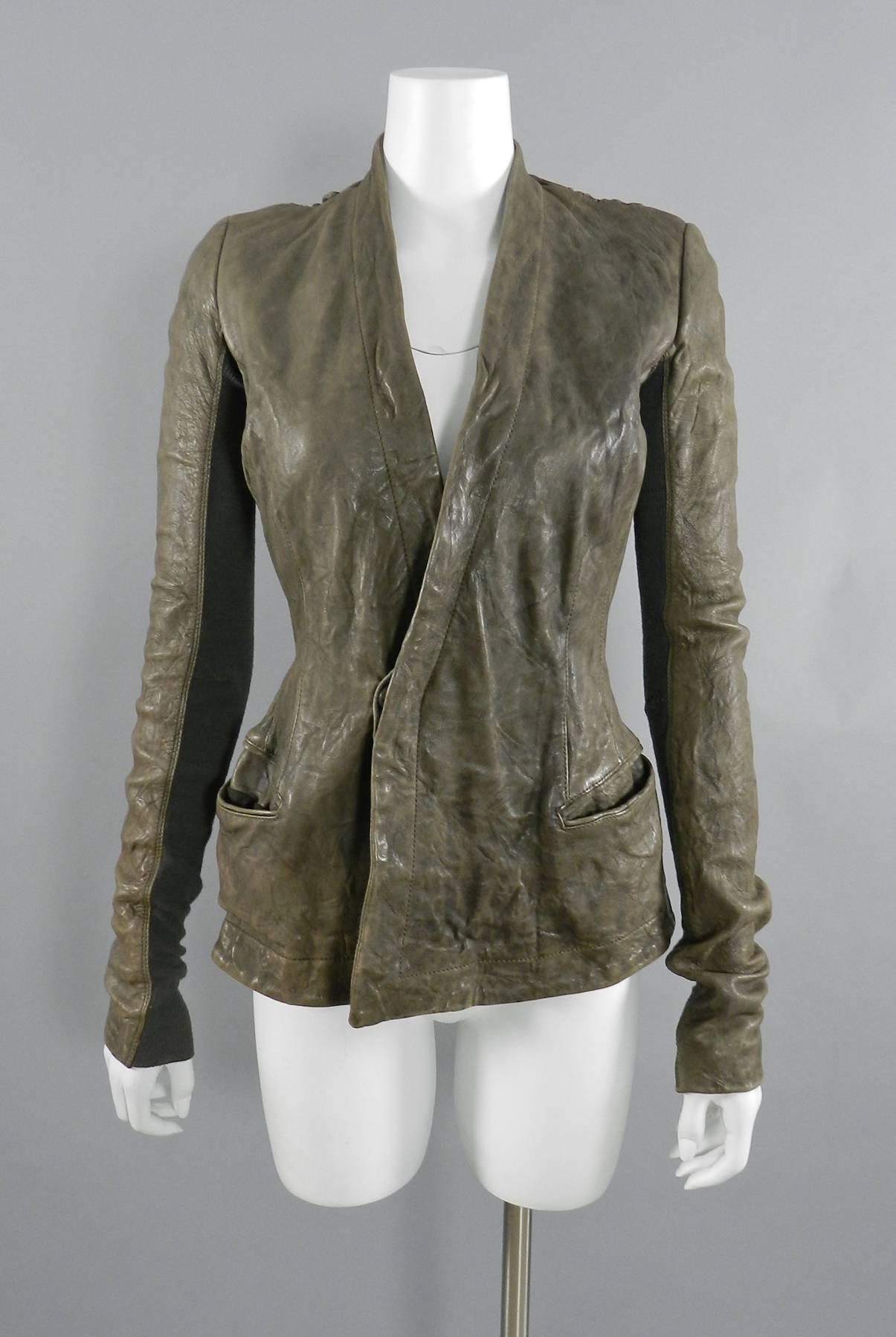 Rick Owens Taupe Distressed Leather Jacket 2