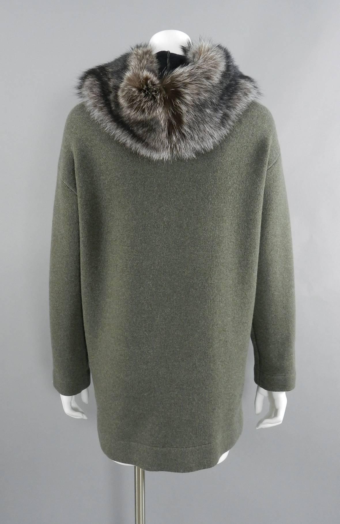 Gray Brunello Cucinelli Cashmere Knit Sweater Coat with Fox Fur Hood