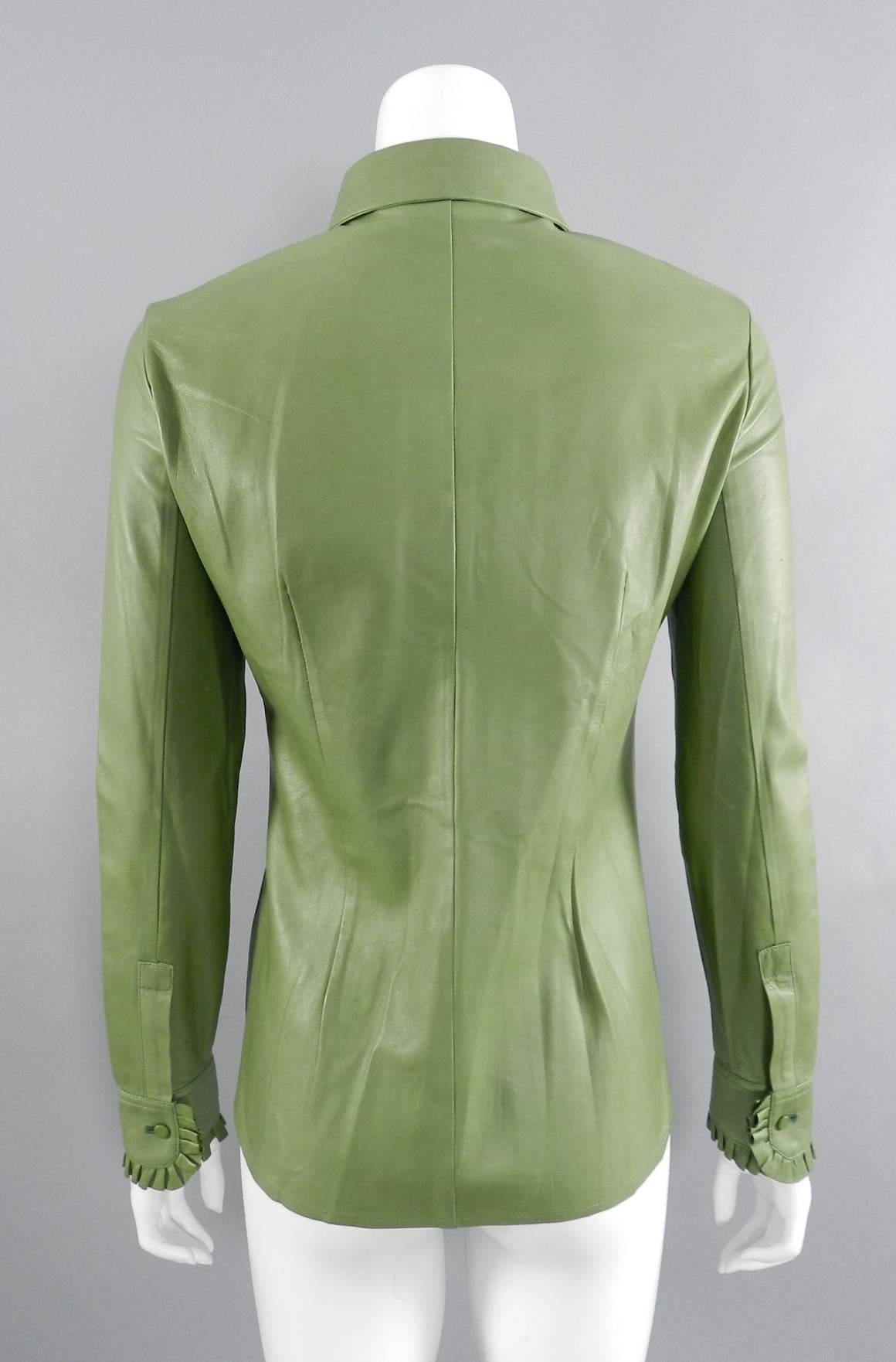 Gucci Spring 2014 Runway Green Leather Ruffle Shirt  In Excellent Condition In Toronto, ON