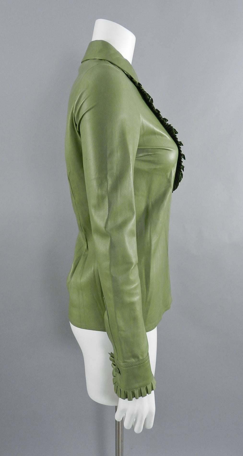 Women's Gucci Spring 2014 Runway Green Leather Ruffle Shirt 