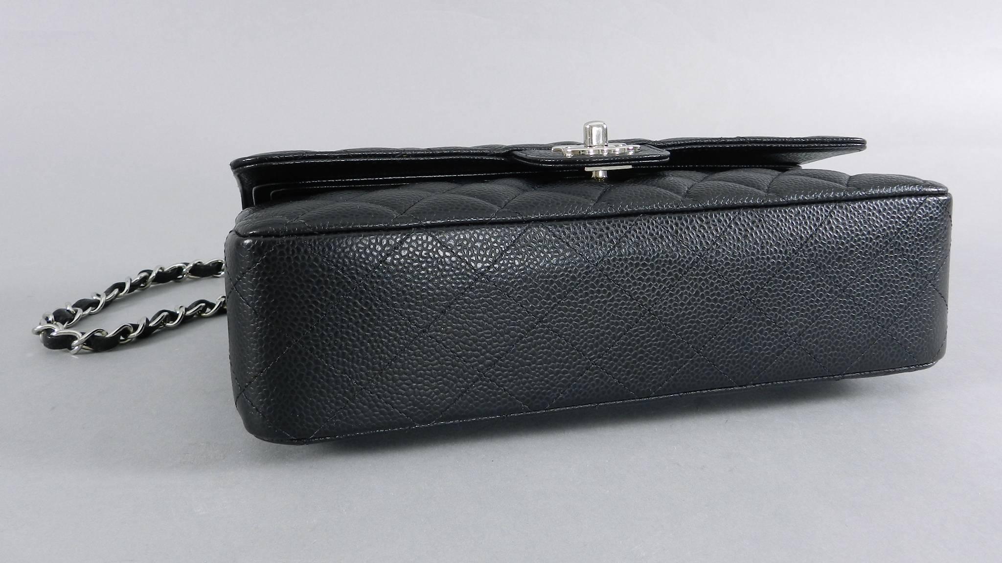 Women's CHANEL Classic Double Flap 2.55 Medium Black Caviar Silver Hardware Bag