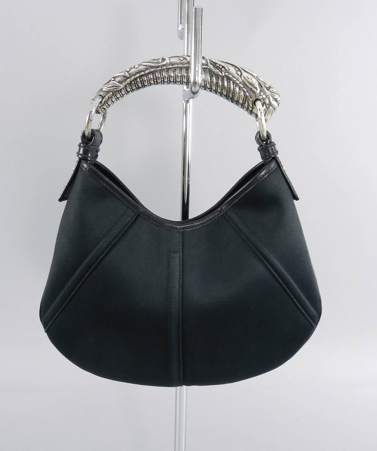 Yves Saint Laurent YSL by Tom Ford Black Mombasa Bag.  Satin with black leather trim and heavy silver horn handle. Small evening size measuring 10.5
