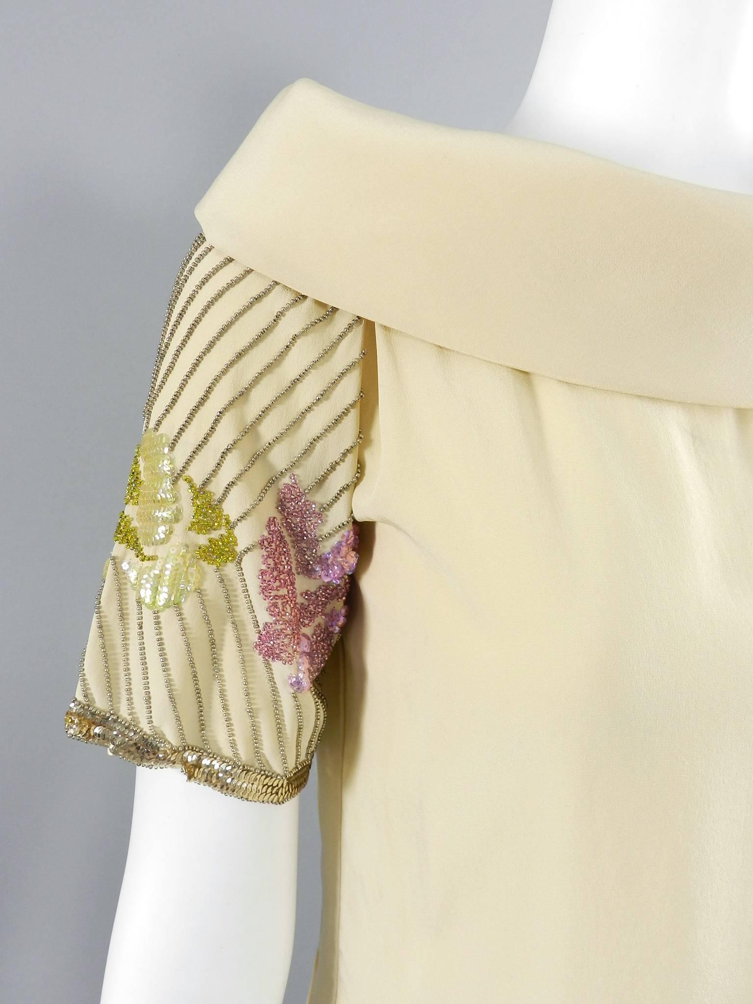 Chloe Vintage Beige Sequin Beaded Silk Top, 1970s  In Excellent Condition For Sale In Toronto, ON