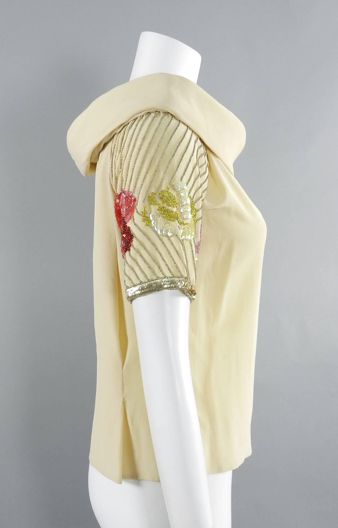 Women's Chloe Vintage Beige Sequin Beaded Silk Top, 1970s  For Sale
