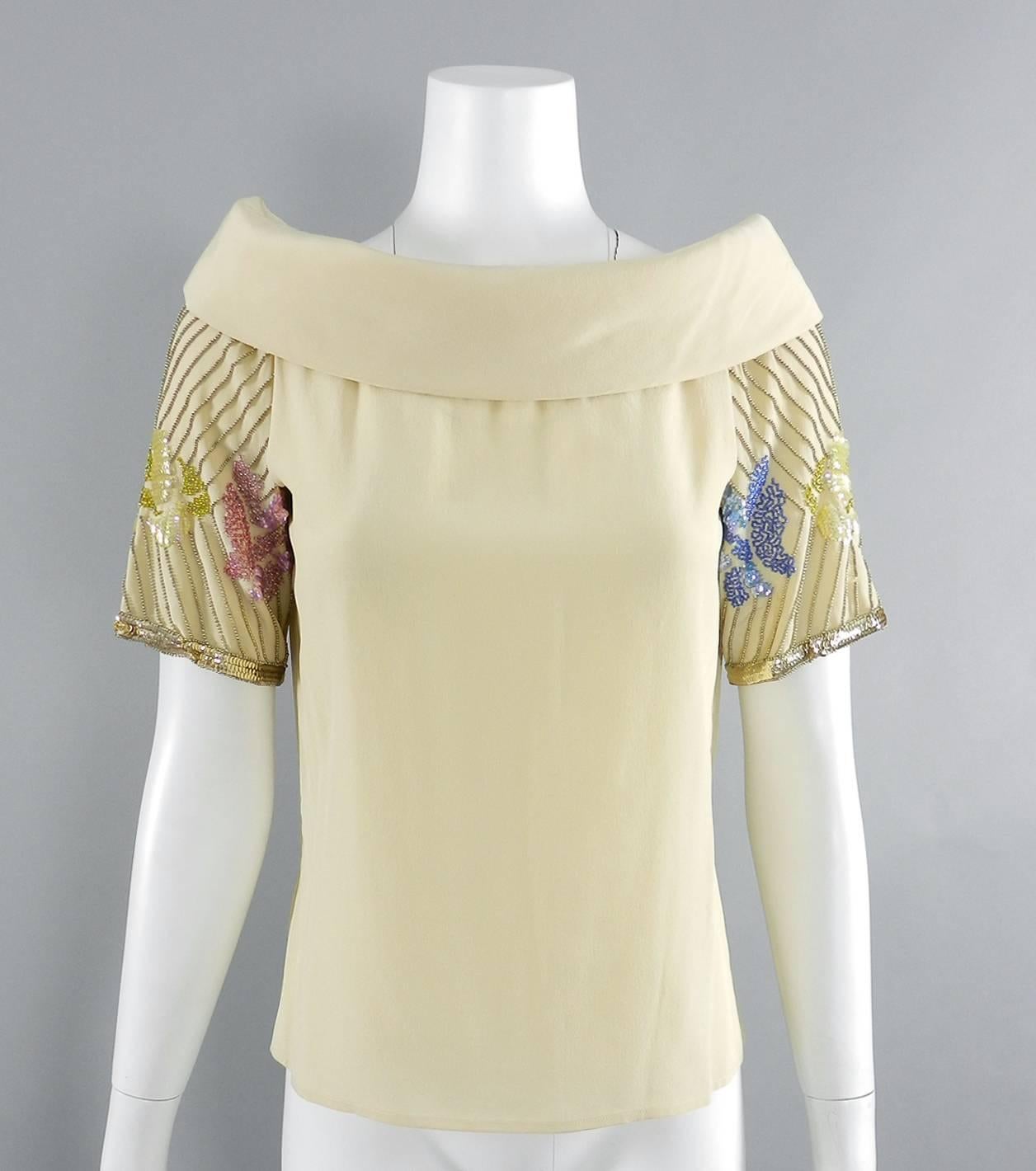 Chloe Vintage Beige Sequin Beaded Silk Top, 1970s  For Sale 4