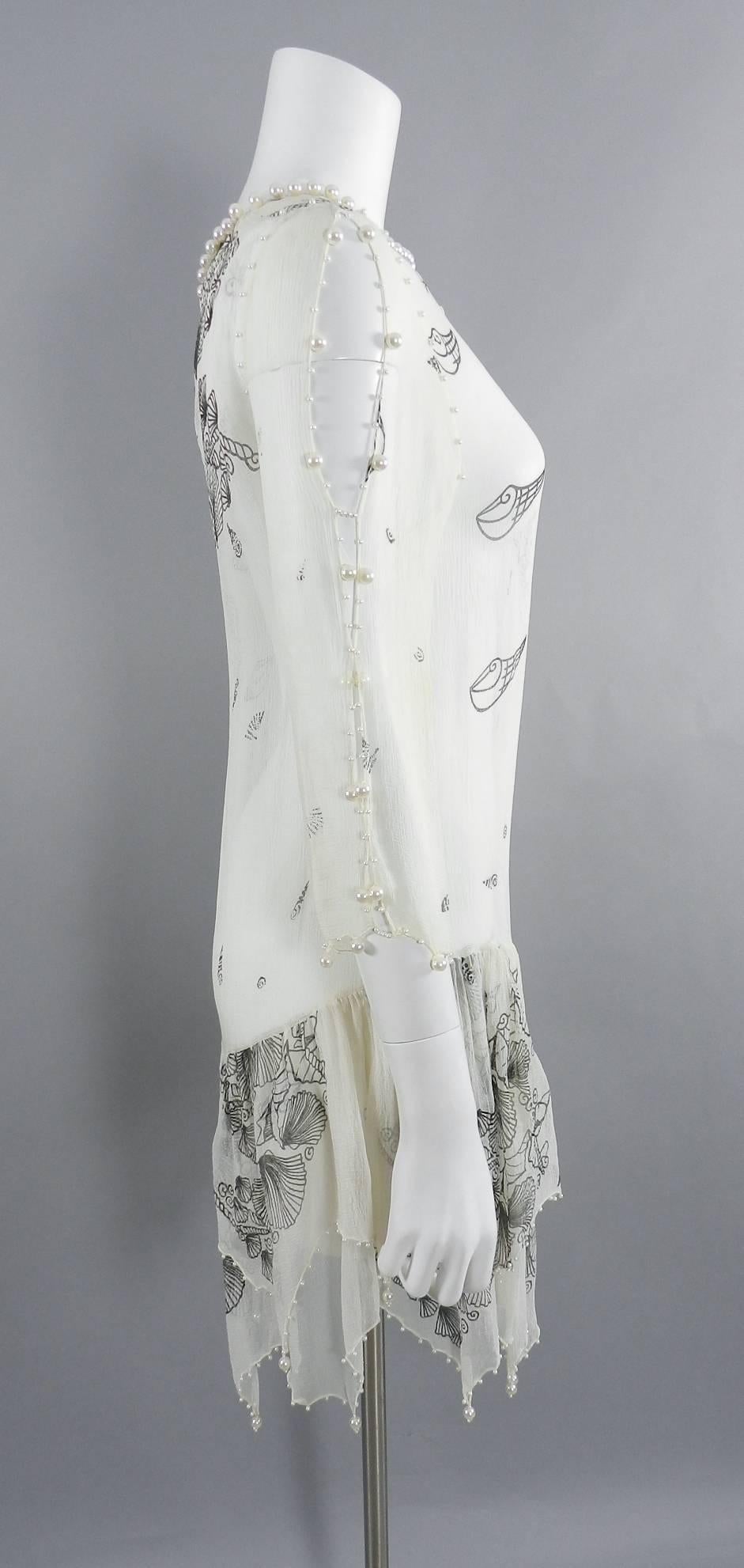 Gray Zhandra Rhodes White Sheer Silk Pearl Beaded Dress, 1980s  For Sale