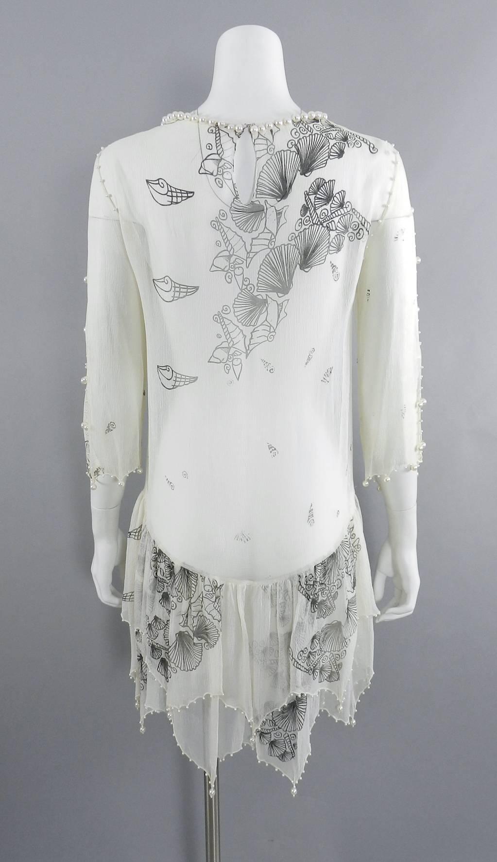 Zhandra Rhodes White Sheer Silk Pearl Beaded Dress, 1980s  In Excellent Condition For Sale In Toronto, ON