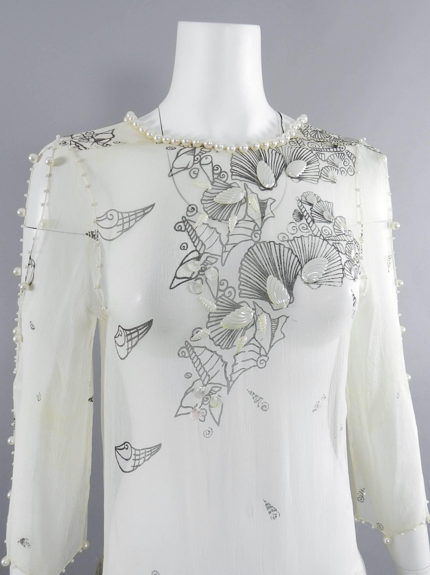 Women's Zhandra Rhodes White Sheer Silk Pearl Beaded Dress, 1980s  For Sale