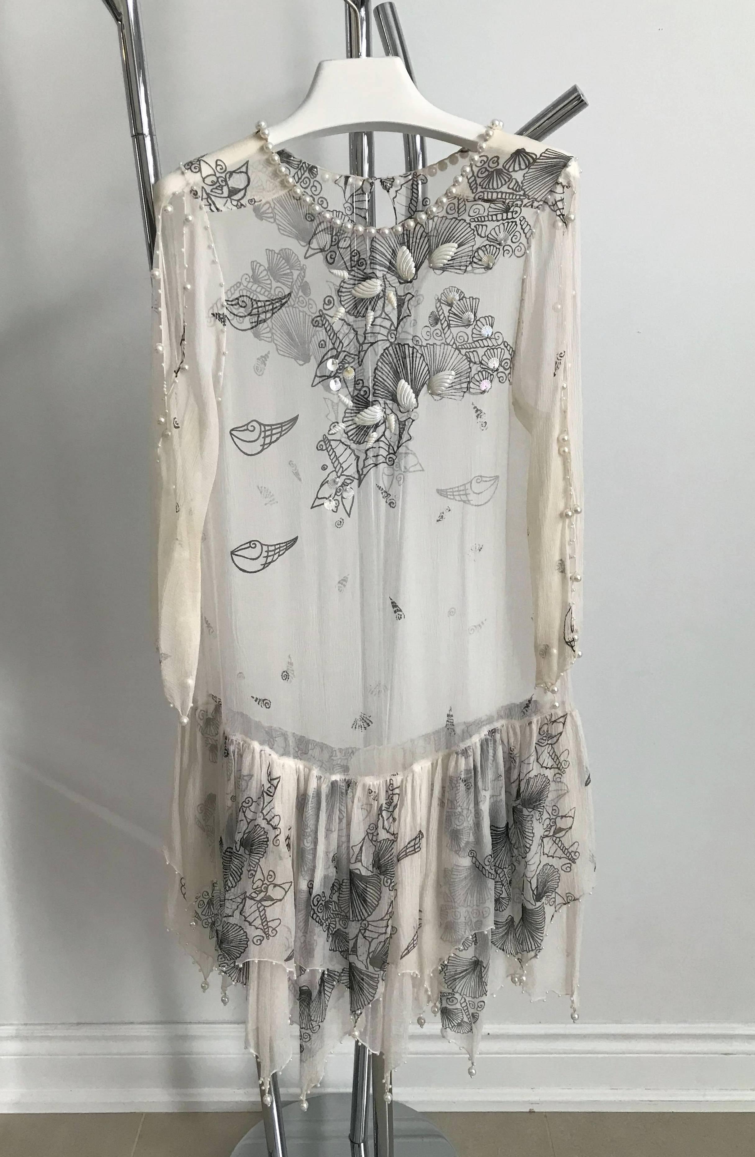 Zhandra Rhodes White Sheer Silk Pearl Beaded Dress, 1980s  For Sale 3