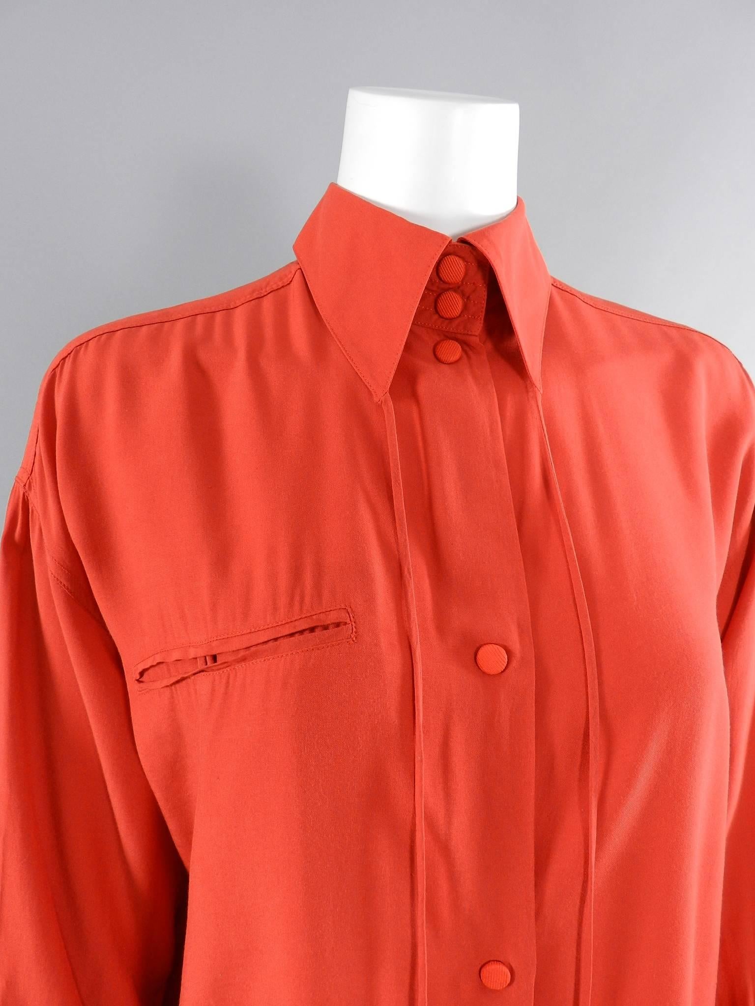 Women's Claude Montana 1980's Orange Shirt with String Collar