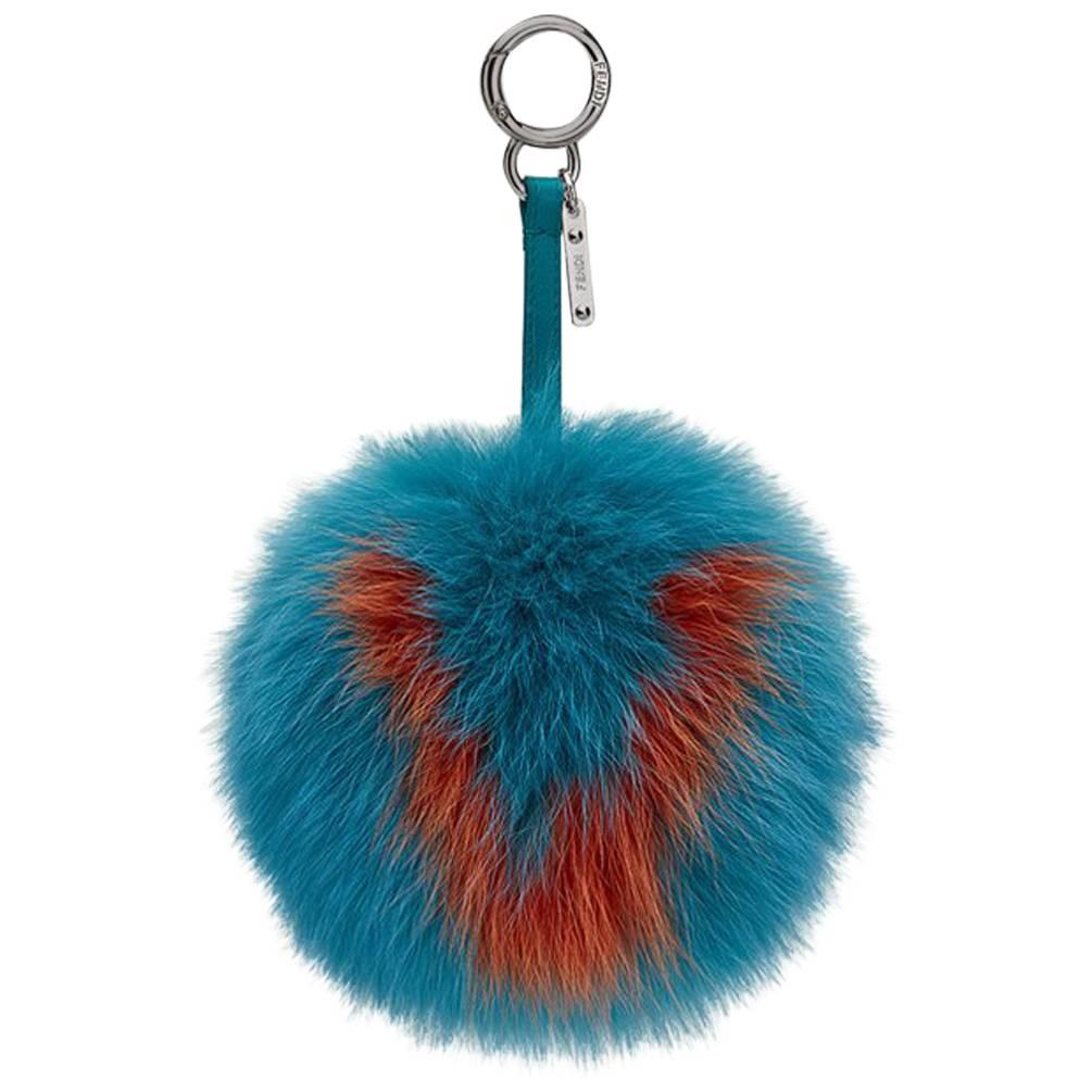 Fendi Turquoise and Orange Letter V Fox Fur Bag Charm - Bag Bug For Sale