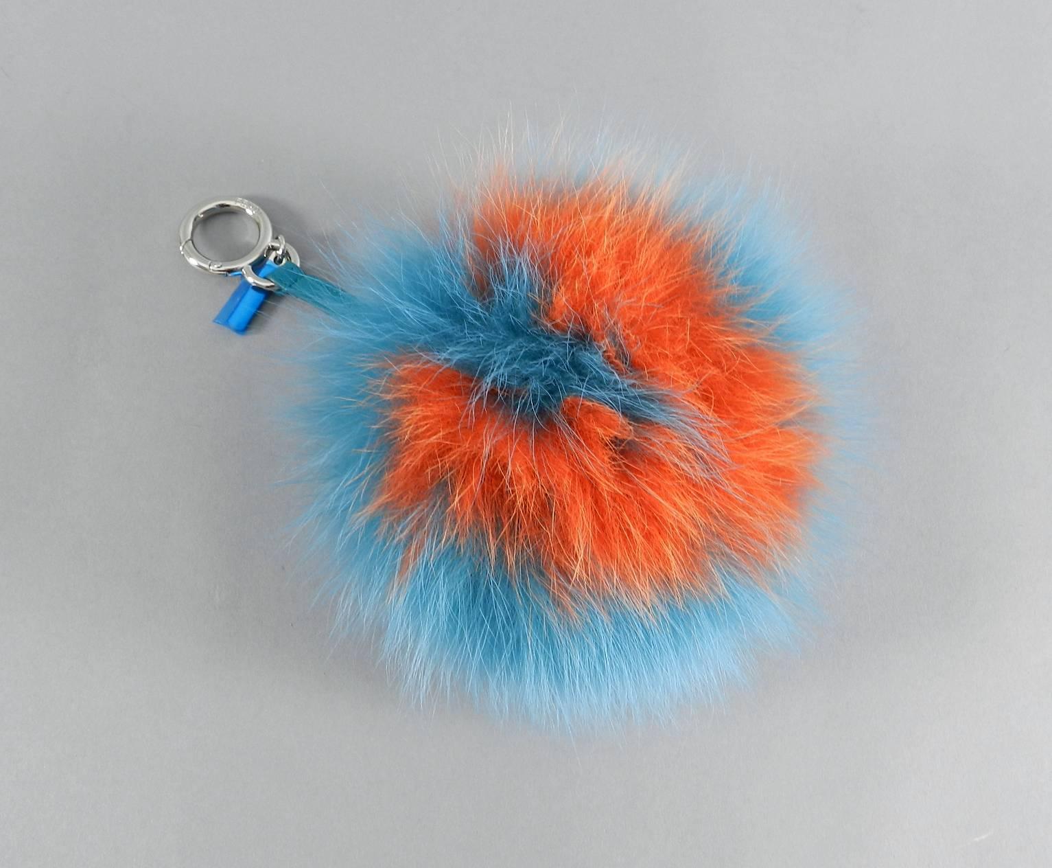 Fendi Turquoise and Orange Letter V Fox Fur Bag Charm - Bag Bug In New Condition For Sale In Toronto, ON
