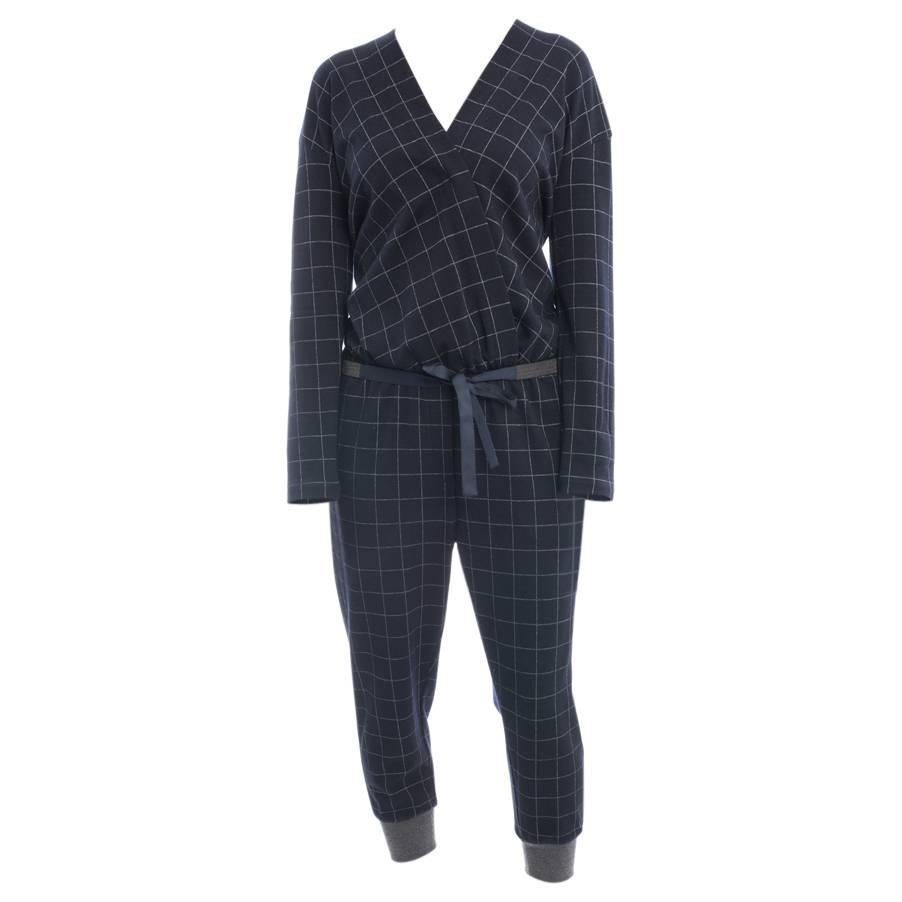 Brunello Cucinelli Navy Wool Check Jumpsuit with Grey Cuffs - M