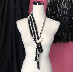 Lanvin Pearl and Ribbon Chain Necklace with Rhinestones