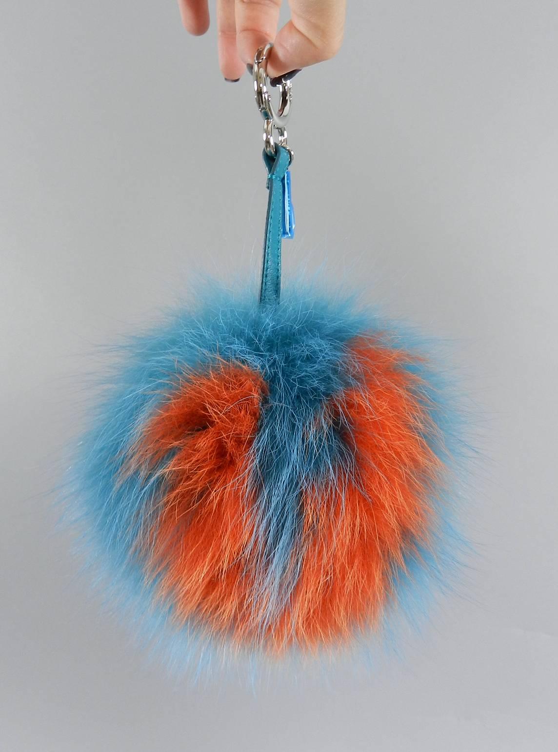 Fendi Turquoise and Orange Letter V Fox Fur Bag Bug Bag Charm   In New Condition In Toronto, ON