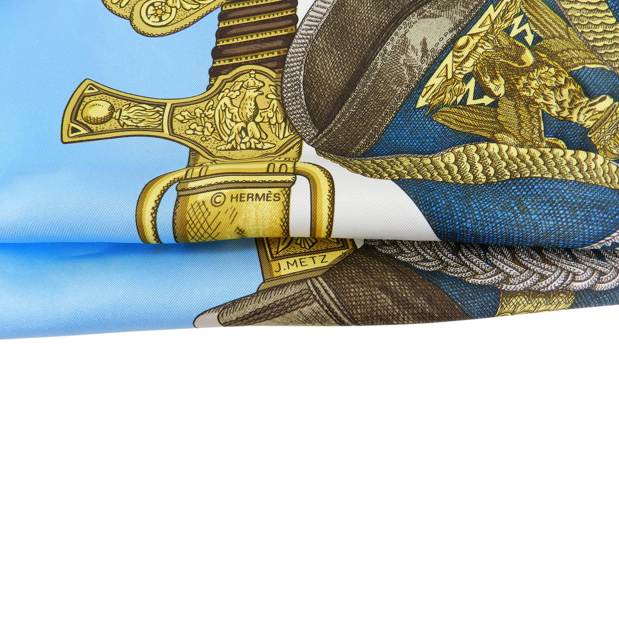 Women's Hermes Grand Uniforme Light Baby Blue and White 90cm Scarf