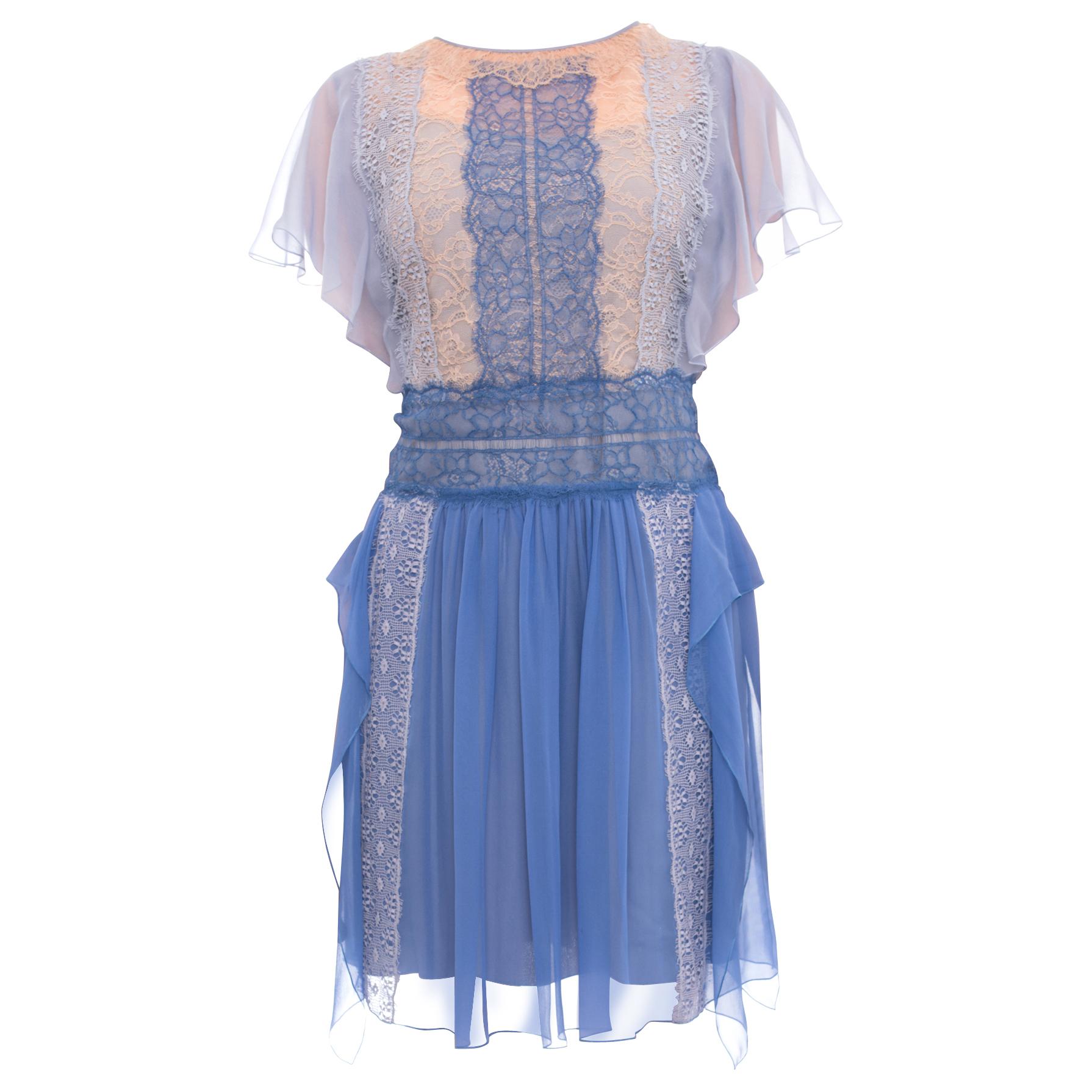 Alberta Ferretti Light Blue Silk Chiffon Ruffle Flapper Dress with Lace - 8