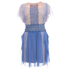 Alberta Ferretti Light Blue Silk Chiffon Ruffle Flapper Dress with Lace - 8