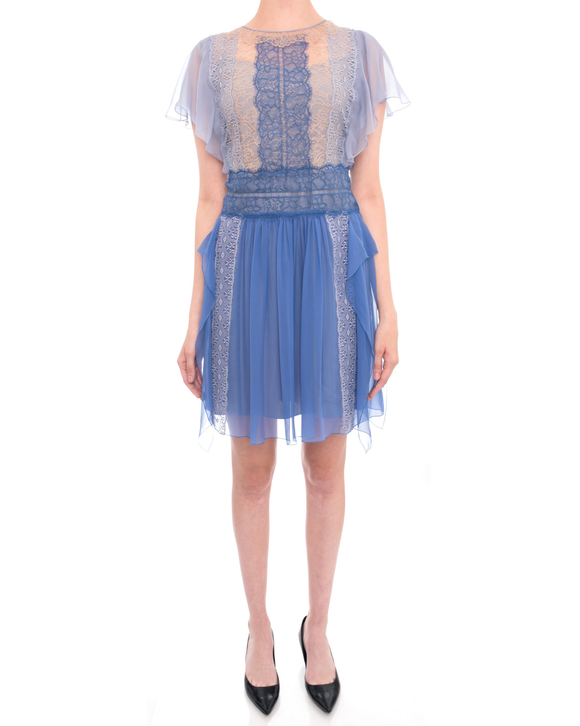 Alberta Ferretti Light Blue Silk Chiffon Ruffle Flapper Dress with Lace.  From the resort 2016 collection. 1920’s inspired design with ruffles and lace inset.  Matching silk slip dress is included. Marked size IT44 / FR40 / USA 8. Garment bust