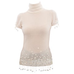 Chanel 04A Ivory Cashmere Knit Top with Sequin Bead Fringe - 6