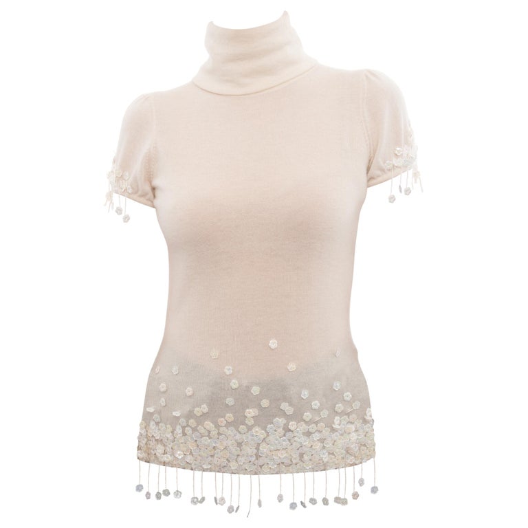 Chanel 04A Ivory Cashmere Knit Top with Sequin Bead Fringe 6 at 1stDibs