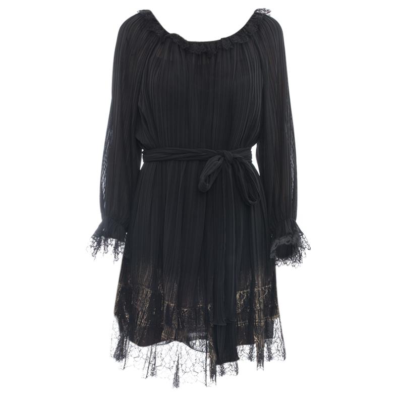 Alberta Ferretti Black Boho Dress with Gold Lace Hem – 8 im Angebot