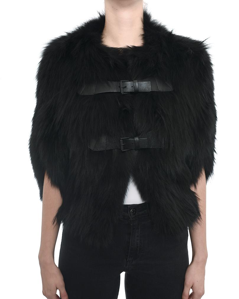 J. Mendel black fur cape.   Black leather straps at front, slits at front for hands, unlined fluid light-weight knit fur.  Dyed coyote fur. Size small  (USA 2/4). Excellent pre-owned condition.