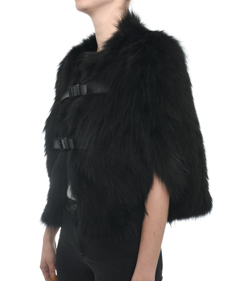 Women's J. Mendel Black Fur Cape Jacket with Leather Buckles
