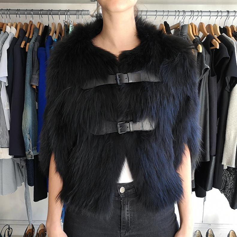 J. Mendel Black Fur Cape Jacket with Leather Buckles In Excellent Condition In Toronto, ON