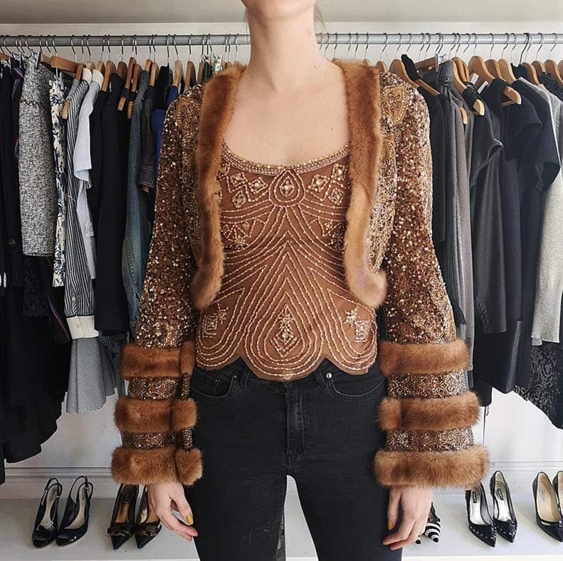 Reem Acra light Brown Beaded Tank and Mink Trim Crop Jacket.  Beaded sleeveless tank top with scalloped hemline.  Matching sheer heavily beaded mesh crop jacket with dramatic real mink fur trim.  Marked size UK 6 (USA 0/2).  To fit 32” at bust and