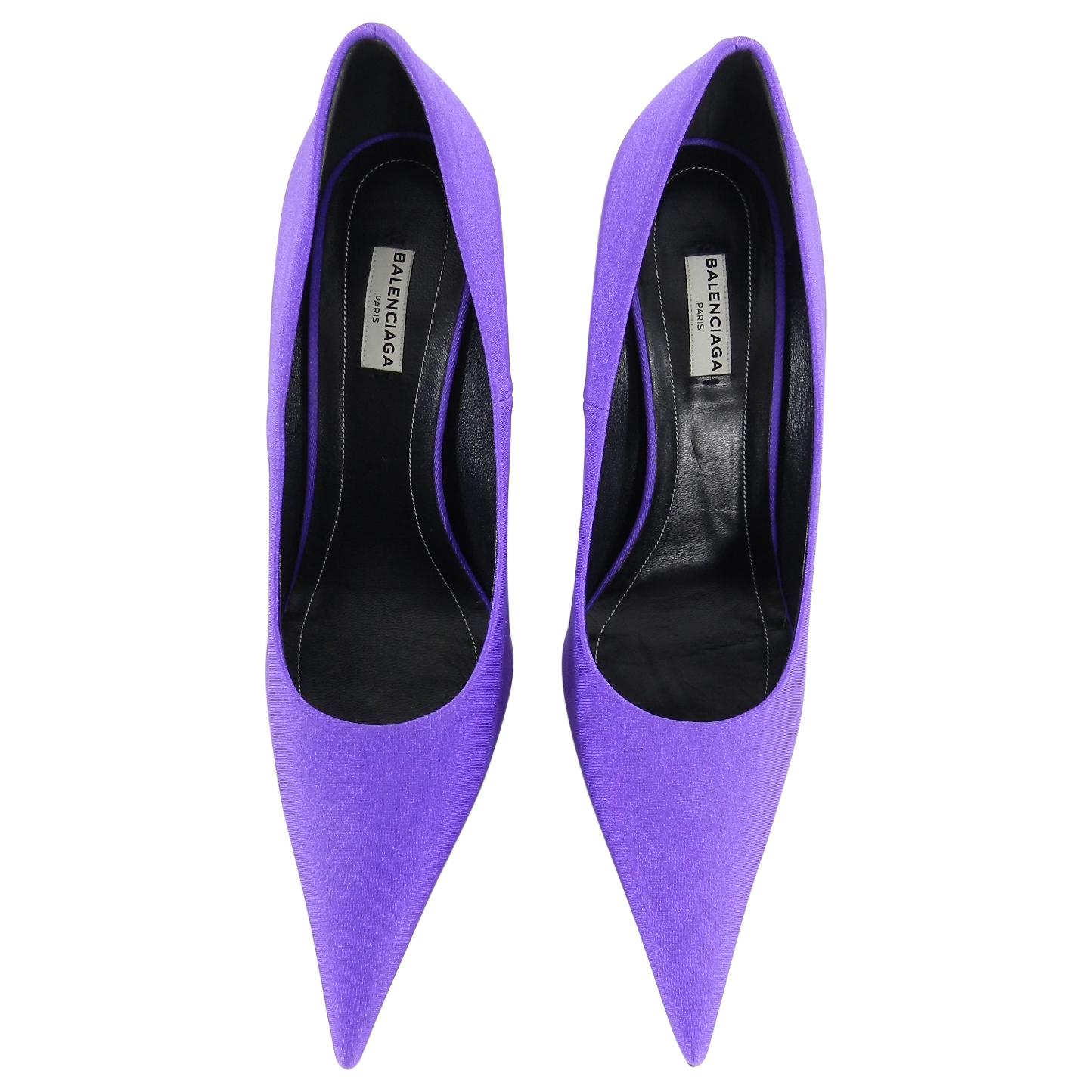 Balenciaga Purple Satin Spandex Knife Pumps.  Pointed toe, 115mm heel. Marked size 40. Brand new unworn.  Duster and box not included. Original purchase receipt is available upon request.