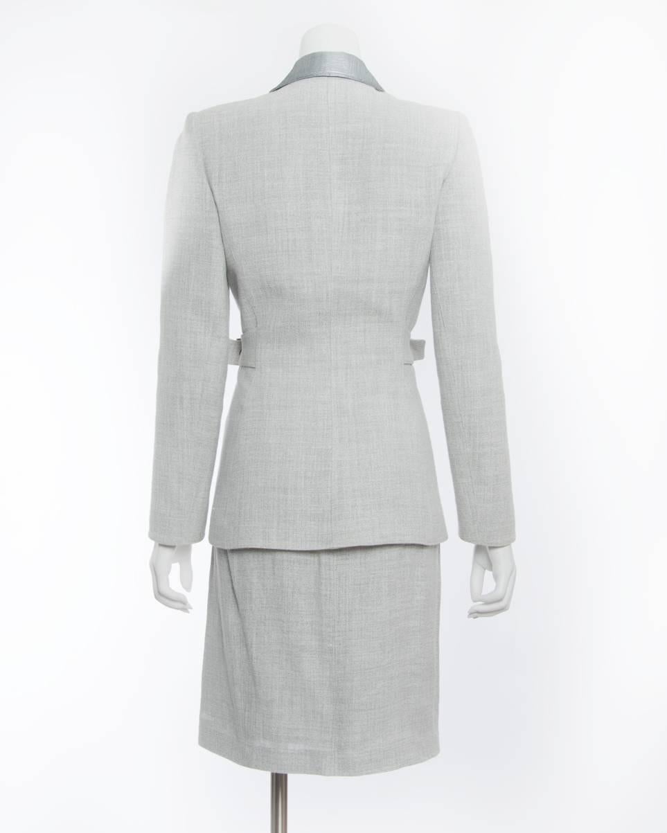 Thierry Mugler Couture Vintage Grey and Silver Linen Skirt Suit, 1990s   2