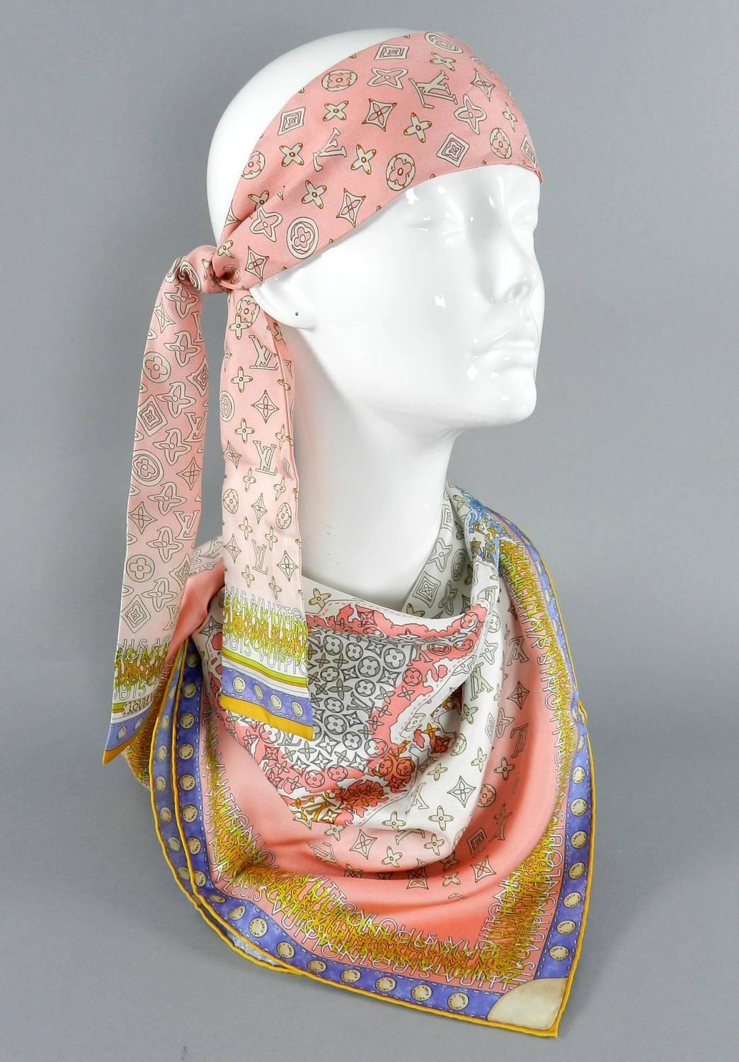 Louis Vuitton Pink Silk Map Scarf and Bandeau Set at 1stdibs