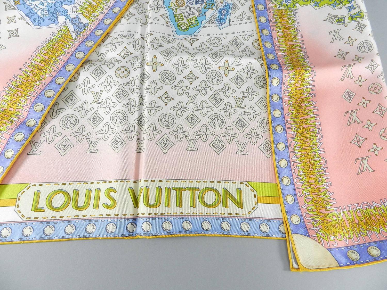 Louis Vuitton Pink Silk Map Scarf and Bandeau Set at 1stdibs