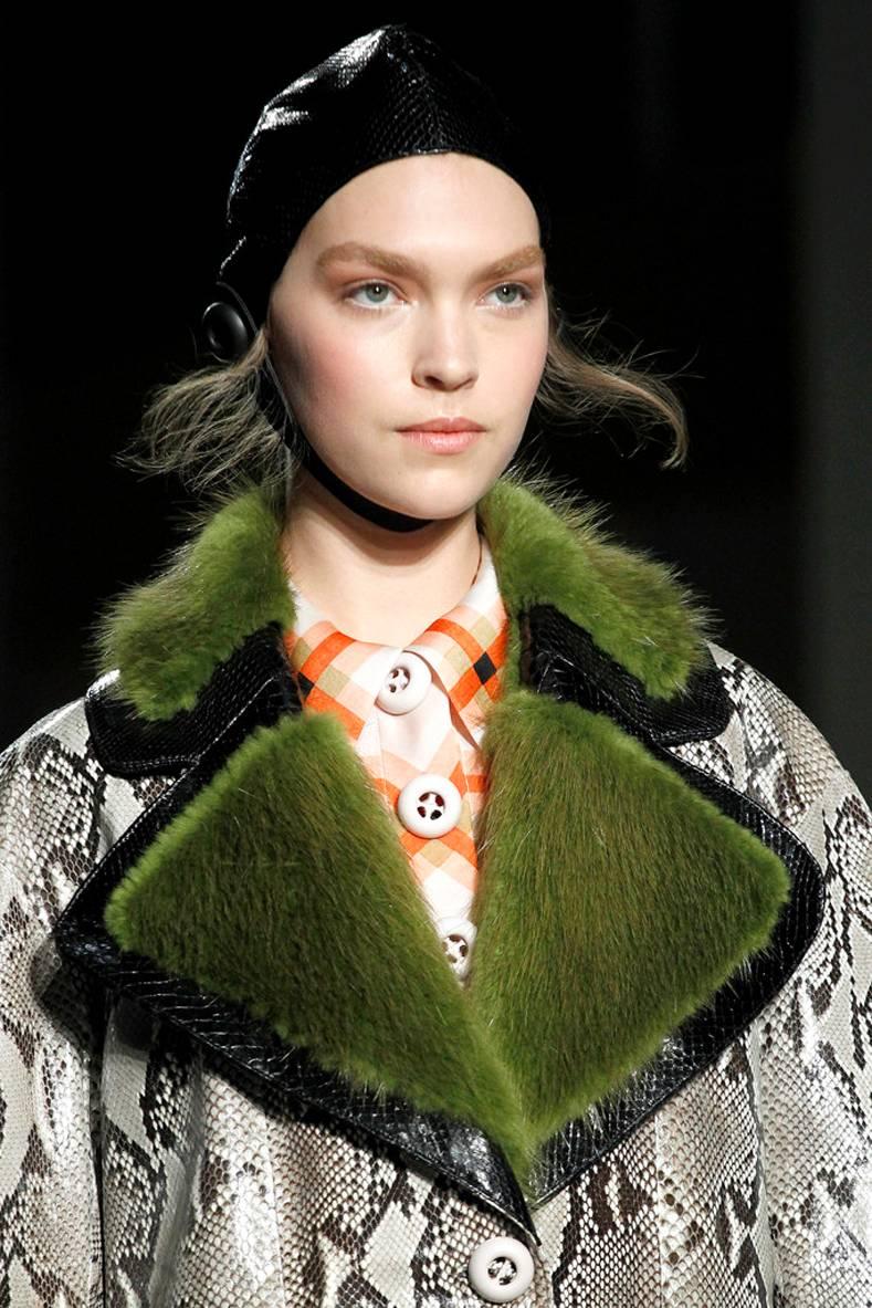 Prada Fall 2011 Runway Ad Campaign Python and Green Fur Coat In Excellent Condition In Toronto, ON