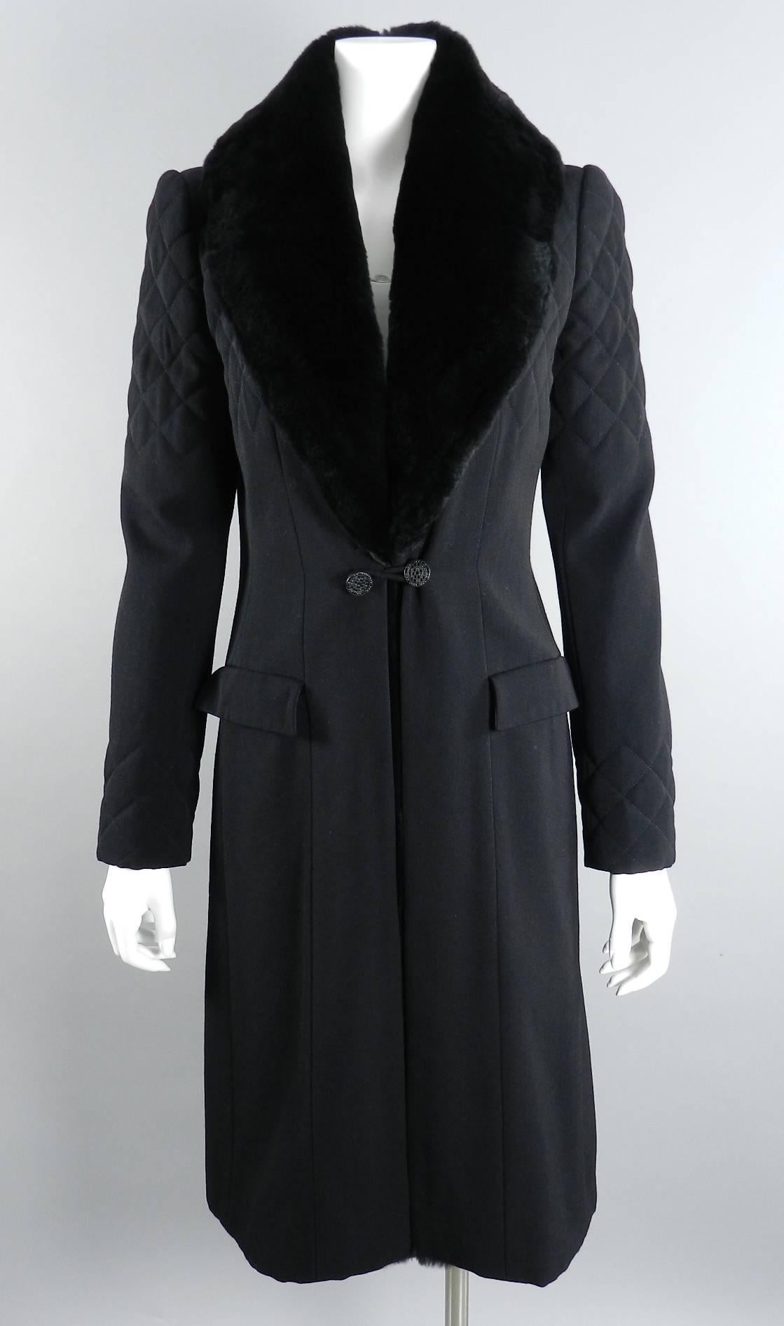 Chanel Long Black Wool Coat with Fur Trim 5
