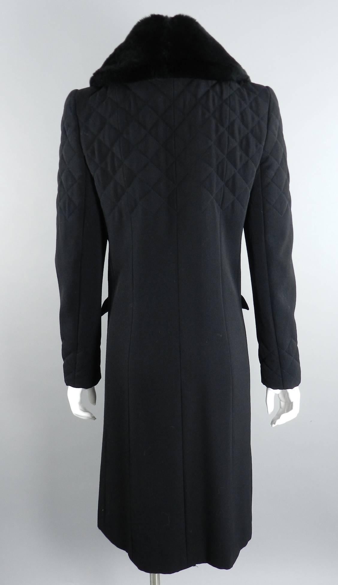 Chanel Long Black Wool Coat with Fur Trim In Excellent Condition In Toronto, ON