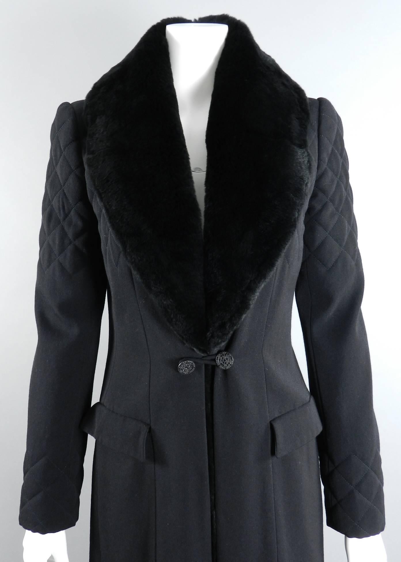 Chanel Long Black Wool Coat with Fur Trim 2