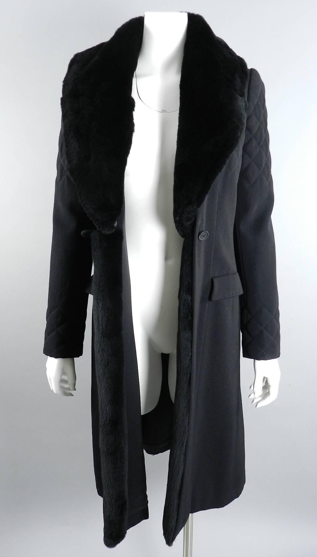 Chanel Long Black Wool Coat with Fur Trim 3