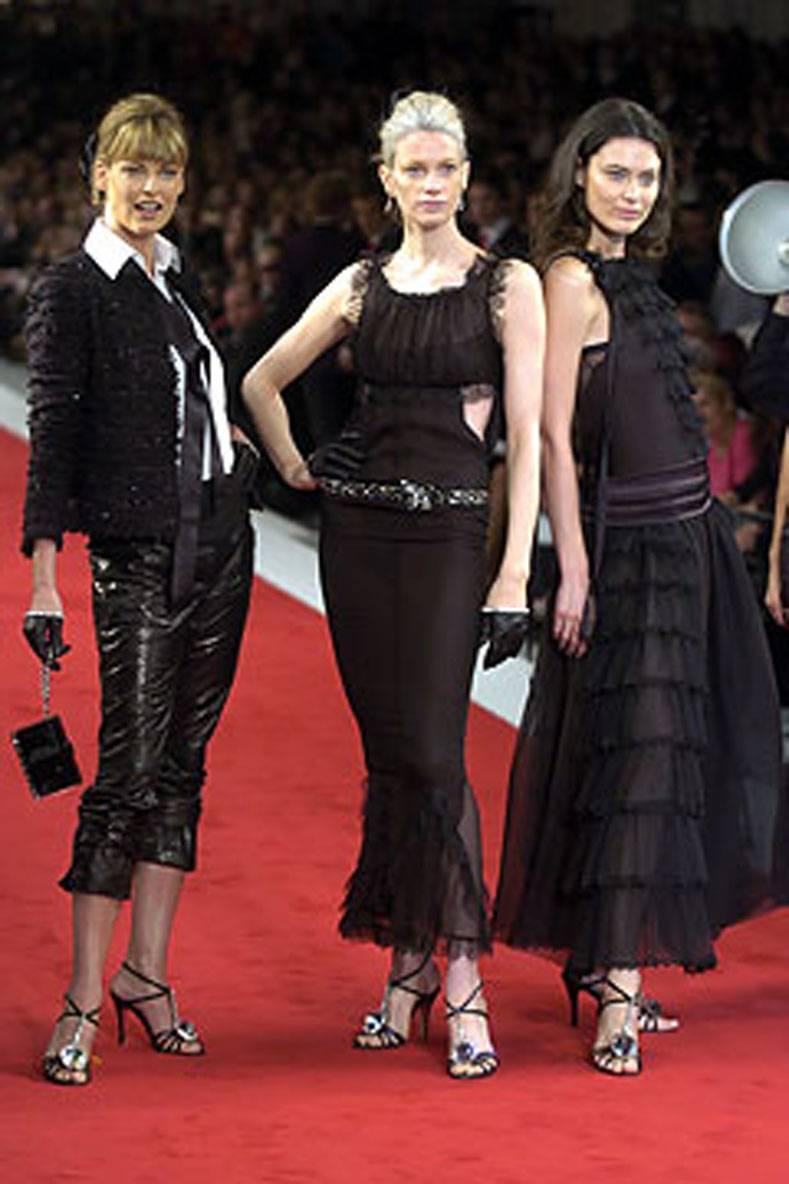 Chanel 2005 spring runway evening high heel sandal. Black silk satin with large rhinestone crystal. New in box - unworn. Size 38.5. Heel is 3.5