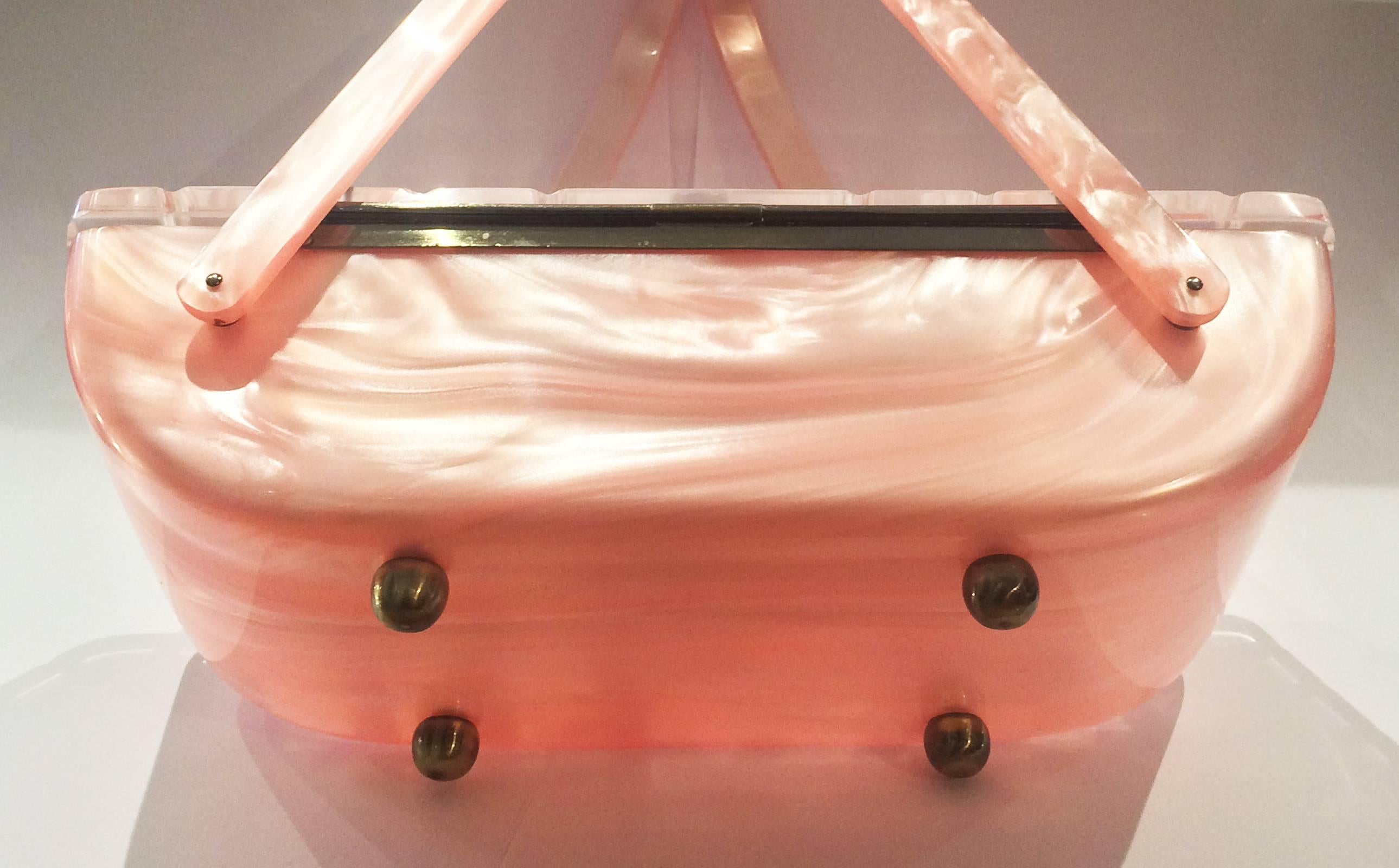 Rare pink marbled lucite purse handbag with carved lid 1