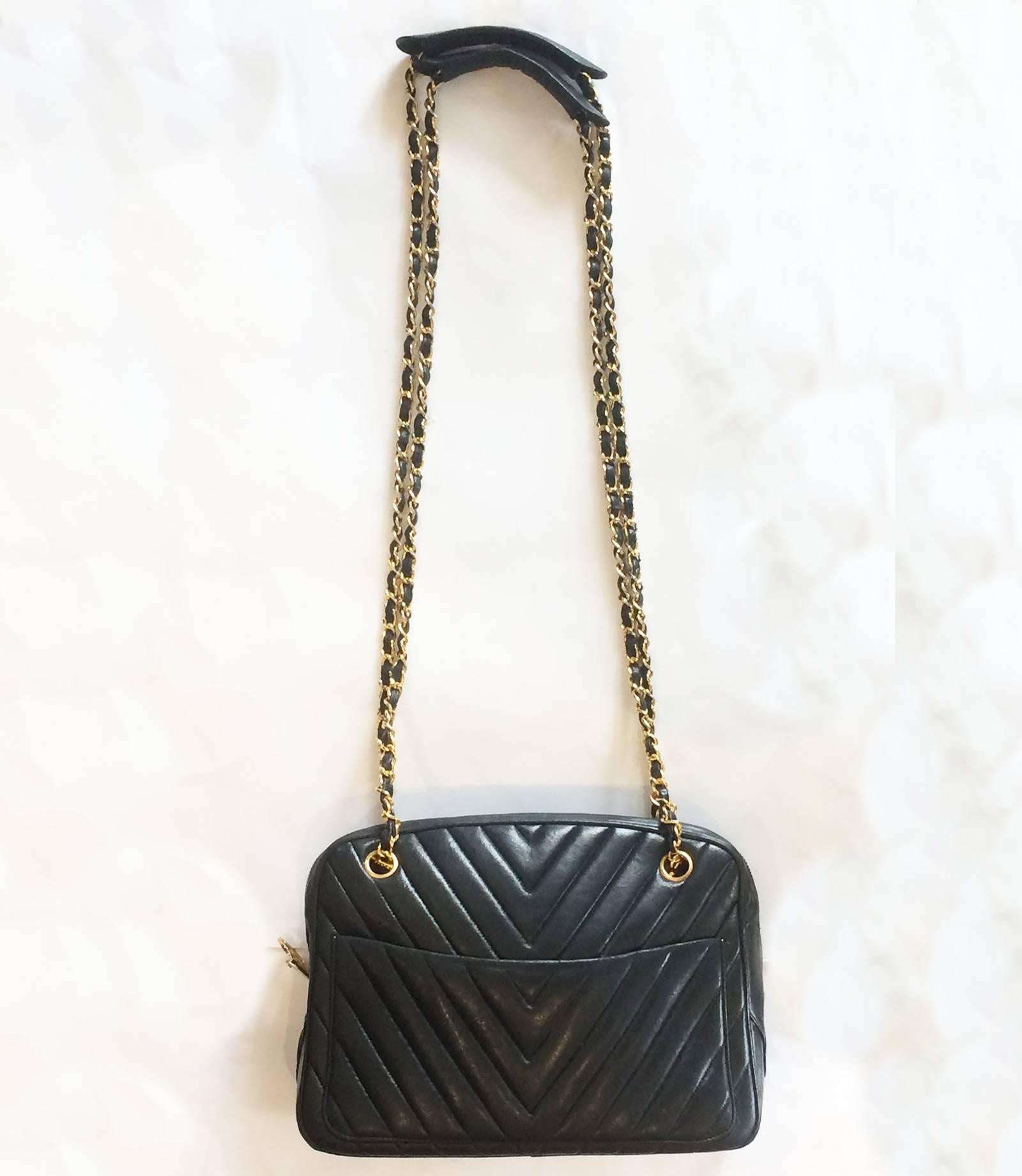 Authentic Shoulder Bag by Chanel, in Black Matelassé Leather with “V” stitch and black leather threaded, gilt chain shoulder straps, with adjustable padded tops and adjustable/removable straps. Outer has a large pocket to both front and rear; inner