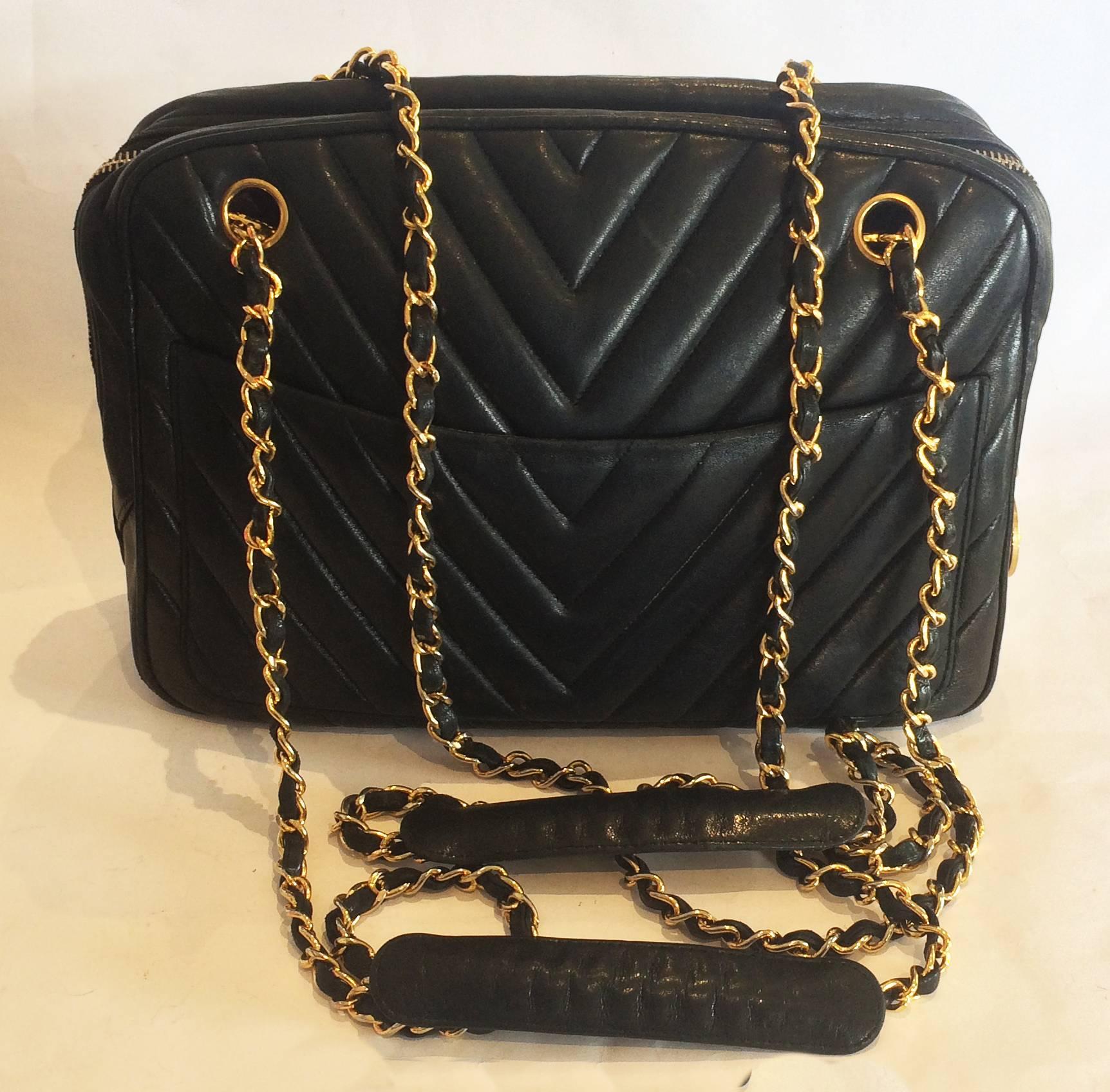 Authentic Chanel Black V Stitch Handbag Bag 3