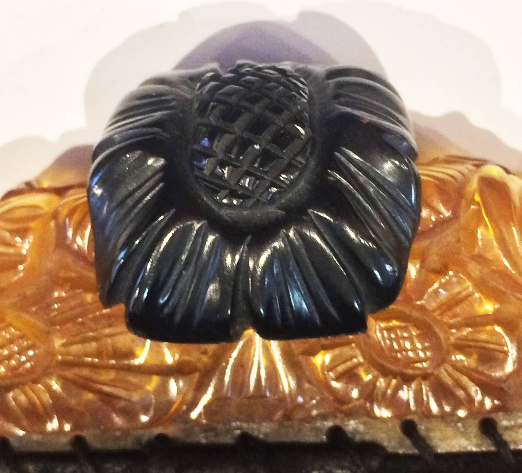 Black Art Deco, Rare black Suede Handbag, with carved Appl juice Bakelite Frame For Sale