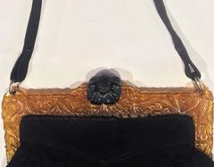 Art Deco, Rare black Suede Handbag, with carved Appl juice Bakelite Frame